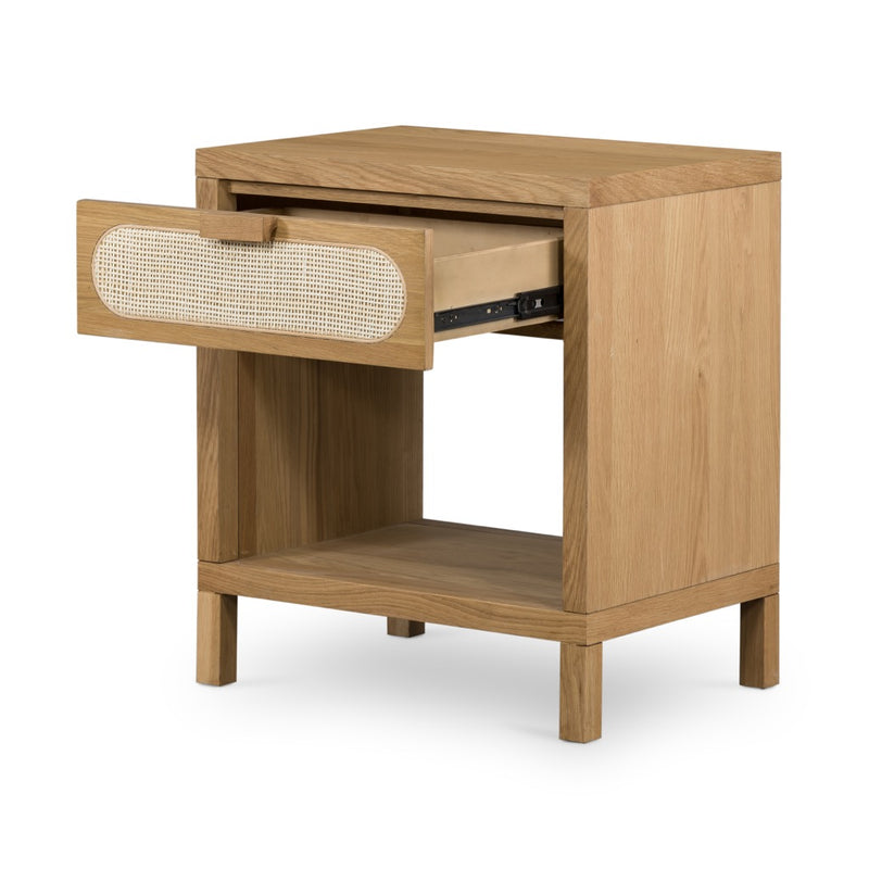 Allegra Nightstand full front angled view with open drawer