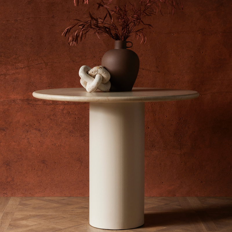 Belle Round Dining Table-Cream Marble with Decorative Vases