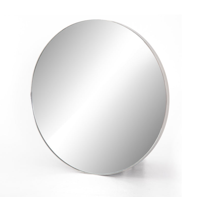 Bellvue Round Mirror Shiny Steel Angled View Four Hands
