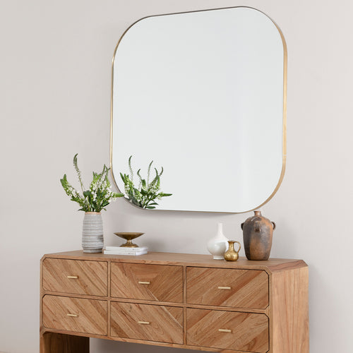 Bellvue Square Mirror Polished Brass Staged View Above Sideboard CIMP-195

