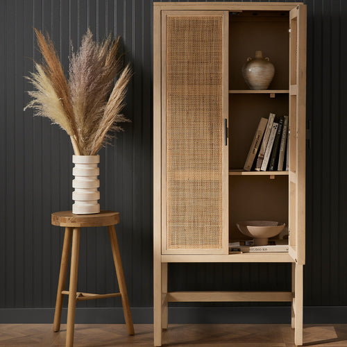 Caprice Narrow Cabinet Natural Mango Staged Image with Home Decor on Shelving