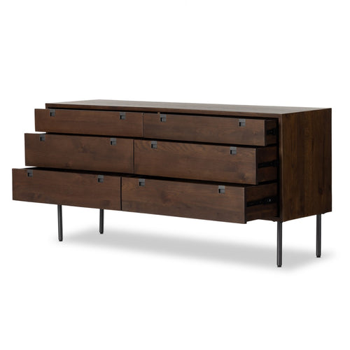 Carlisle 6 Drawer Dresser Russet Oak Angled View Open Drawers Four Hands