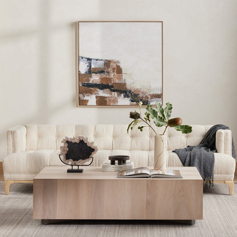 Dylan Sofa Kerbey Taupe Staged Image in Living Room Setting with Coffee Table