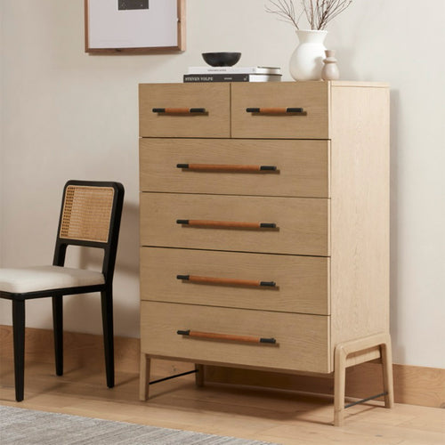 Rosedale 6 Drawer Tall Dresser-Yucca Oak next to a chair and wall art