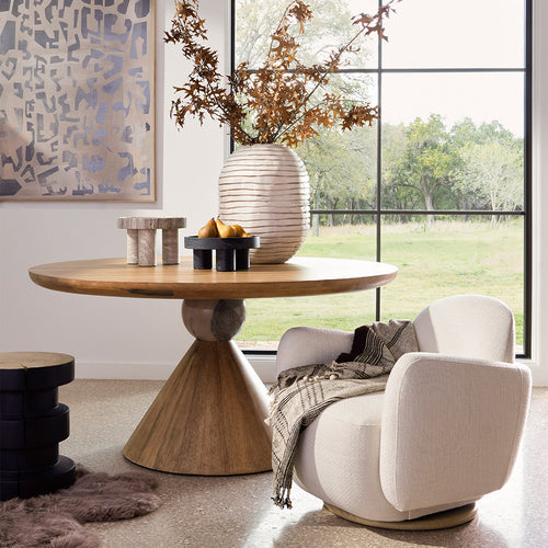 Enya Swivel Accent Chair White next to Dining Room Table