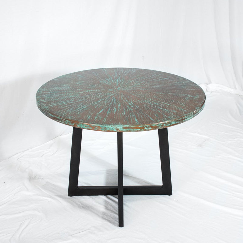 Graysill Round Copper Dining Table Weathered Penny Tabletop