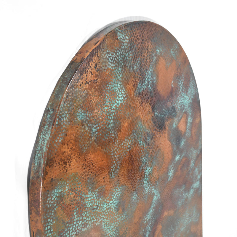 Detail View of Hammered Copper Tabletop - Capsule Shape - Verde Medley Patina - Artesanos