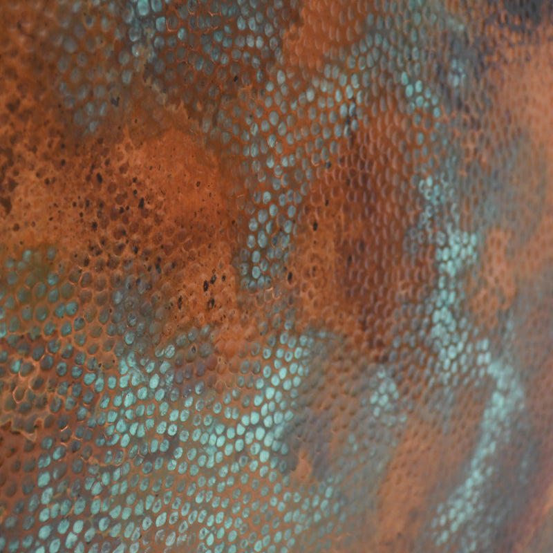 Verdegris Patina Detail of Hammered Copper Tabletop - Capsule Shape - Verde Medley Patina