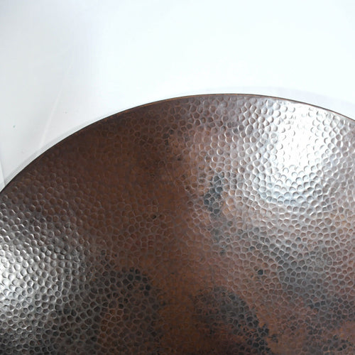 Detail View of Oval Copper Tabletop - Hammered Texture - Dark Brown Patina - Artesanos