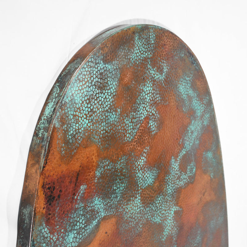 Detail View of Hammered Copper Tabletop - Oval Shape - Verdegris Patina - Artesanos