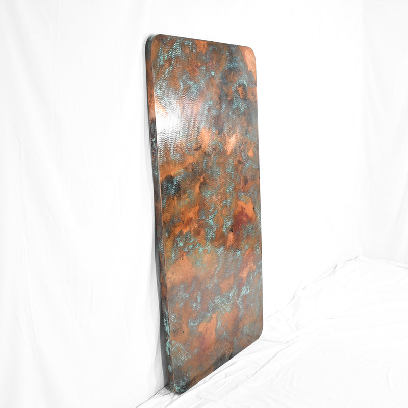 Profile view of Copper Tabletop - Rectangle - Hammered Texture & Verde Medley Patina - Artesanos