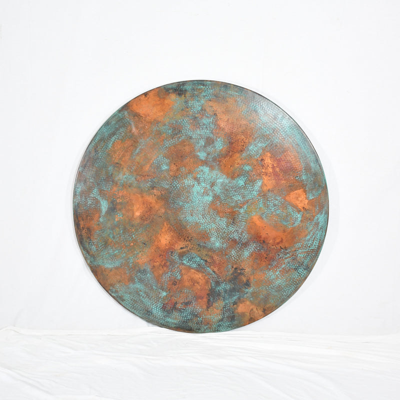 Hammered Copper Round Tabletop - Verde Medley -Unique Patina