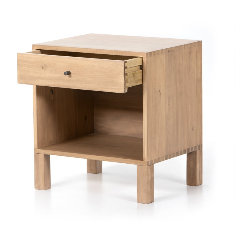 Isador Nightstand dry wash poplar angled view with drawer open