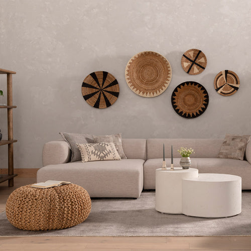 Jute Knit Pouf Staged Image in Living Room Setting