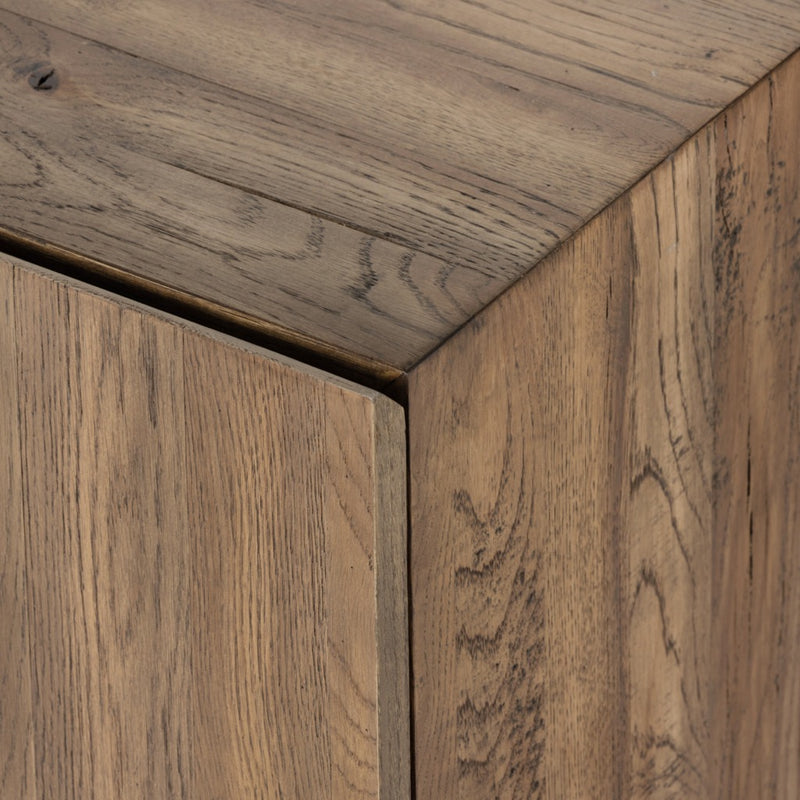 Marion Sideboard - Rustic Fawn Veneer close up view front, top and side 