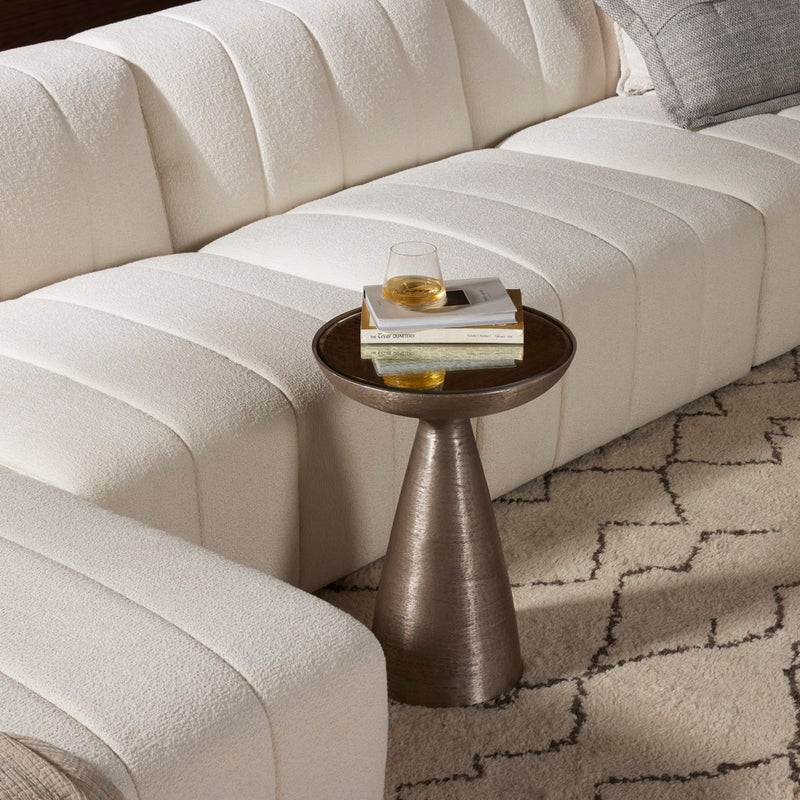 Marlow Pedestal Table Brushed Nickel Staged View next to Sectional Sofa IMAR-48
