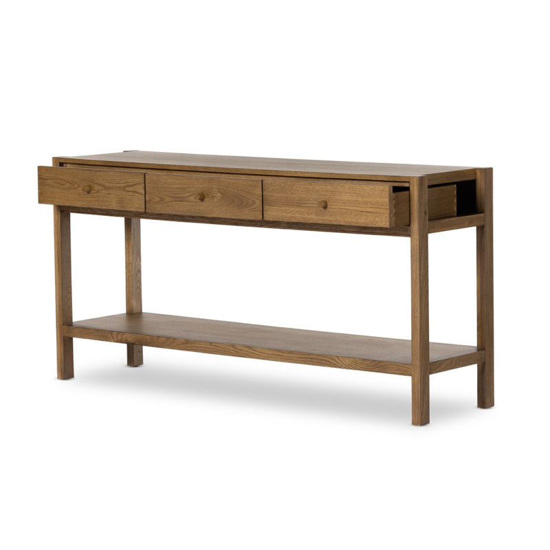 Four Hands Meadow Console Table Tawny Oak Open Drawers
