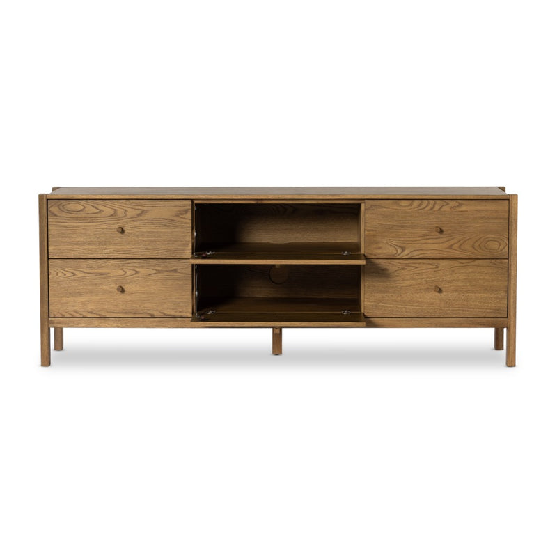 Meadow Media Console Tawny Oak Front Facing View with Open Drawers 229647-003