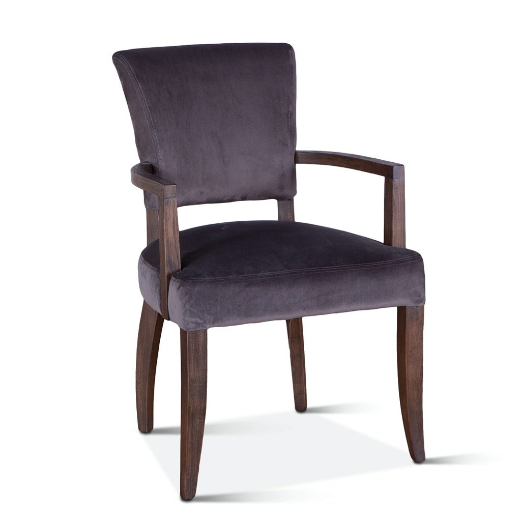 Mindy Arm Chair Asphalt Velvet with Weathered Teak Legs angled view