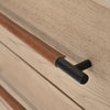 Rosedale Dresser-Yucca Oak close view drawer with iron hardware wrapped in tan top-grain leather
