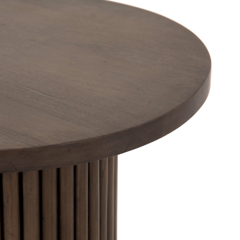 Rutherford End Table Reclaimed Ashen up close view of rounded top