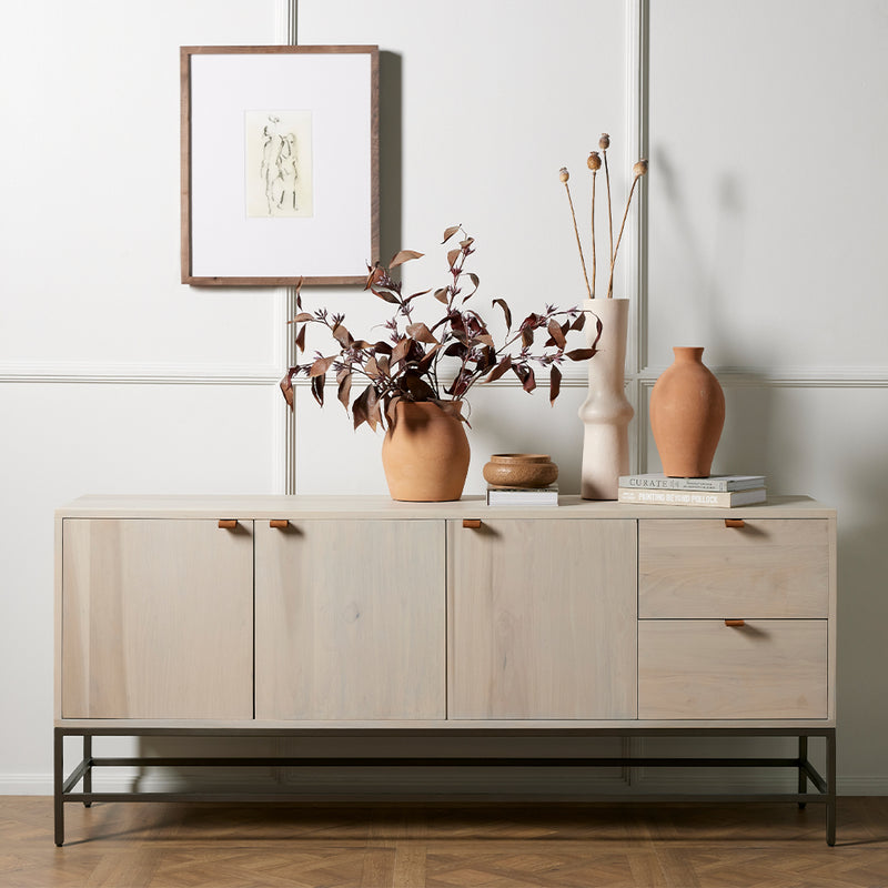 Trey Sideboard - Dove Poplar styled view with frame on wall